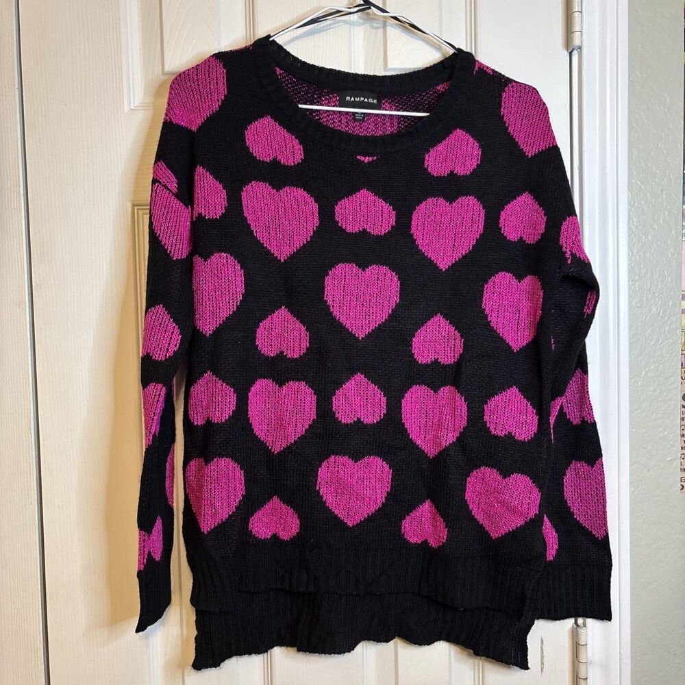 Rampage Medium Sweater Black Knit with Hot Pink Heart Print Y2K Emo Indiecore - Picture 1 of 5
